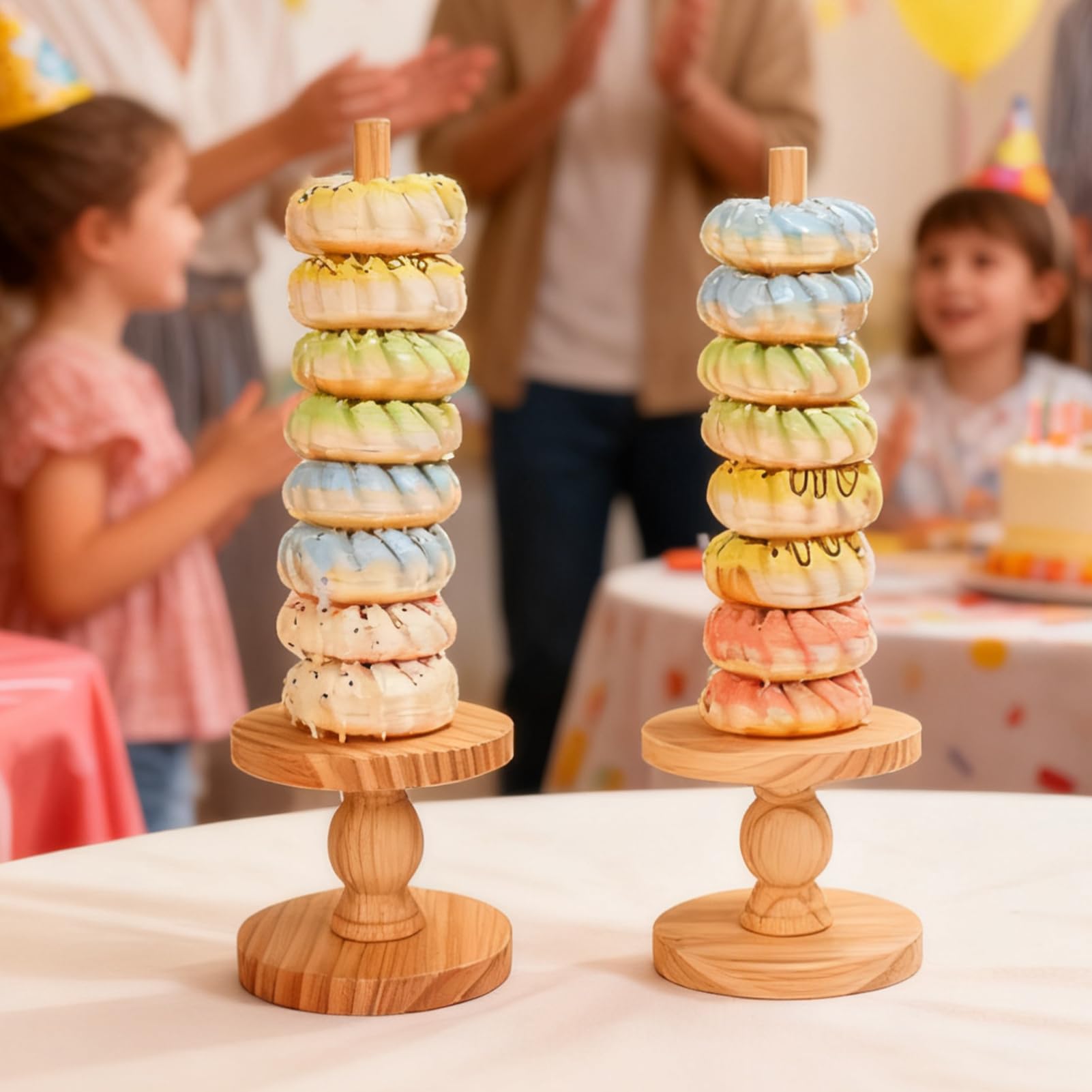Soporte de Donuts 4 Piezas Torre de Exhibición de Madera | Portabagels De Madera Para Para Postres Bodas Cumpleaños Navidad Shower Servicio De Mesa Buffet Hogar Restaurante Casa De
