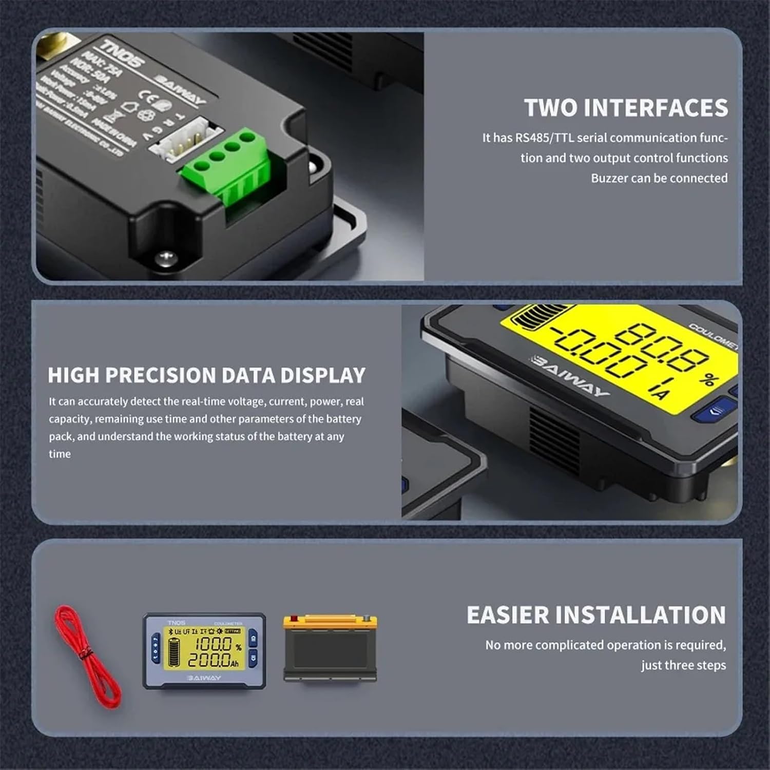 Battery Capacity Tester 8-80V 50A Built in Sampling Precision Coulomb Meter Battery Level Indicator Voltmeter Amperemeter