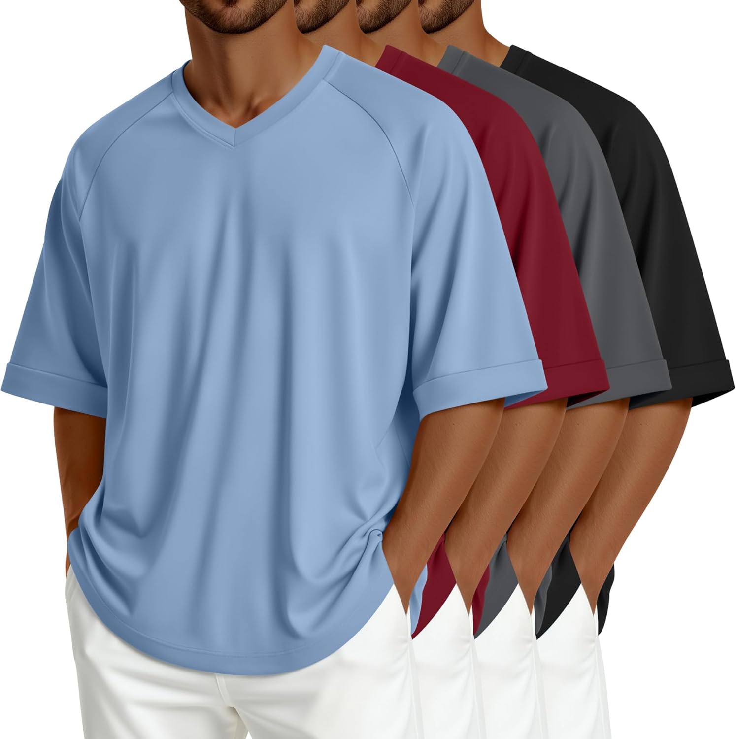 4 Pack Men's Oversized Shirts Raglan Short Sleeve V Neck Tops Causal Summer Basic Tees