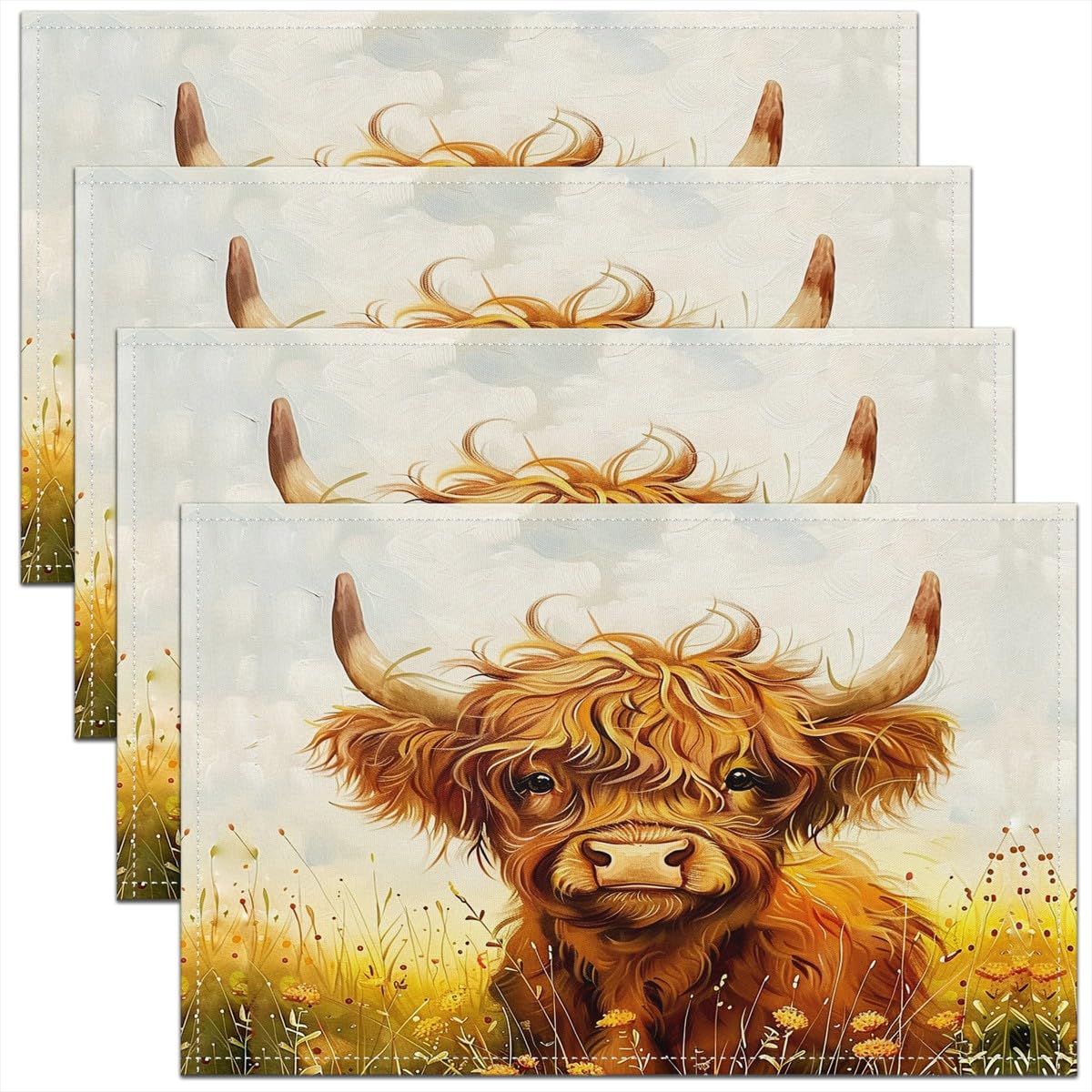 Homemissing Highland Cattle Table Place Mats, 45X30cm Highland Cow Placemats Set of 4 for Kids Boys Girls Decor Animal Placemat for Kitchen Dining Table Decor Indoor Outdoor Botanical