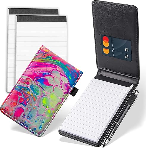 Juego de 4 mini blocs de notas de bolsillo, funda de cuero sintético de mármol abstracto con 2 ranuras para tarjetas, 1 lápiz capacitivo y 2
