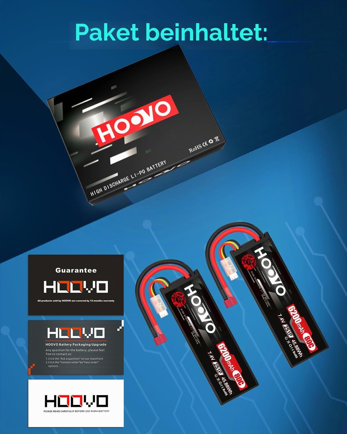 2S Lipo Akku 7,4V 80C 6200mAh RC Batterie mit Dean-Style T Stecker Battery HOOVO für RC Auto Flugzeug Helikopter Boot Buggy Quadcopter (2 Packungen)