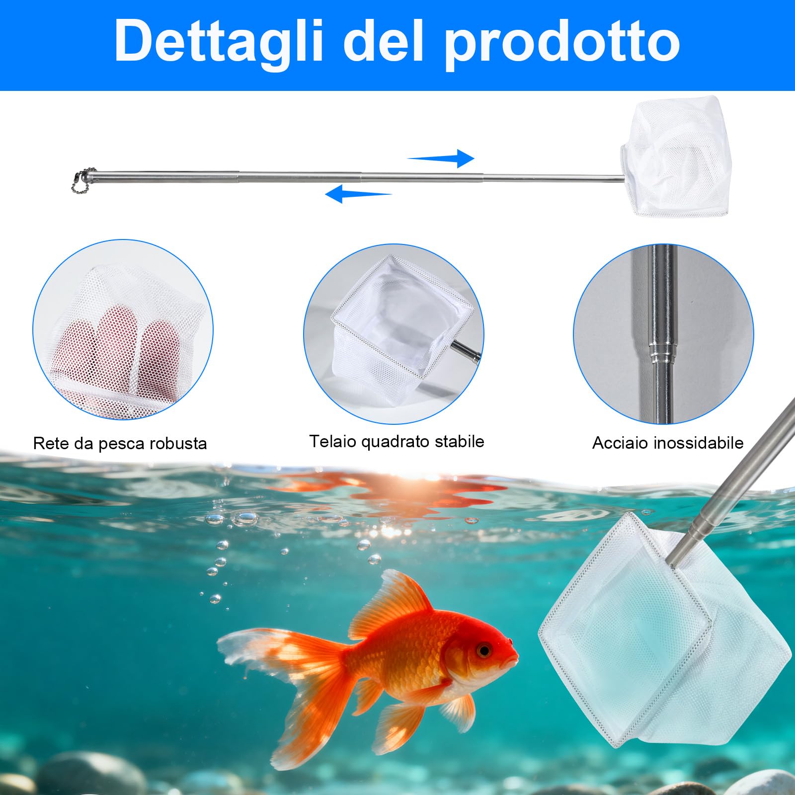 Set di 2 Retini Mini Acquario con Manico in Acciaio Inossidabile – Rete da Pesca a Maglia Fine con Manico Telescopico (13-40 cm) per Acquario, Stagno e Pulizia (8x6,5 cm)