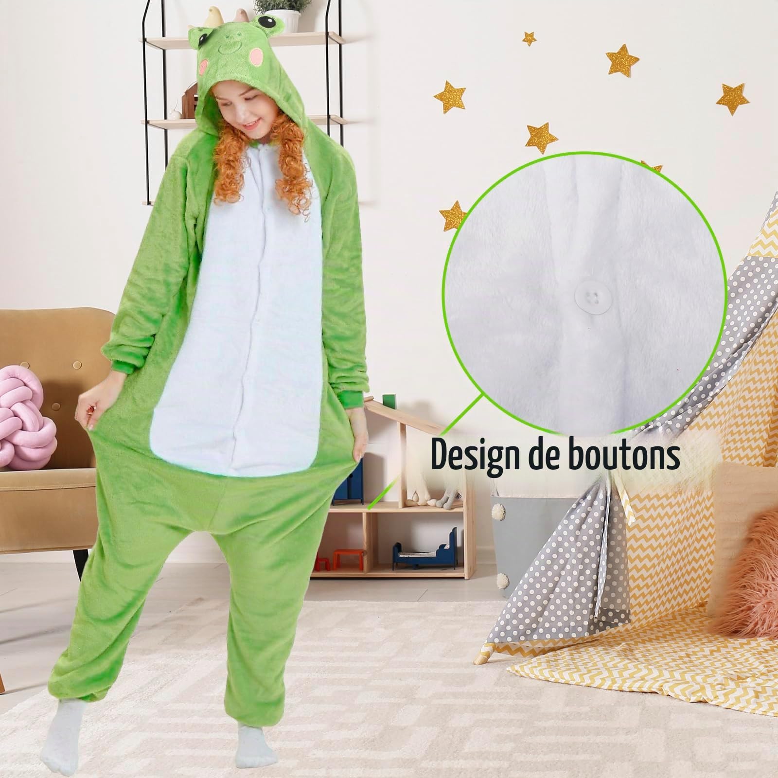 Costume de grenouille unisexe - Pyjama une pièce - Combinaison pour adulte - Avec capuche - Animal - Vêtements de nuit - En peluche - Pour homme et femme - Pour Halloween, carnaval, cosplay