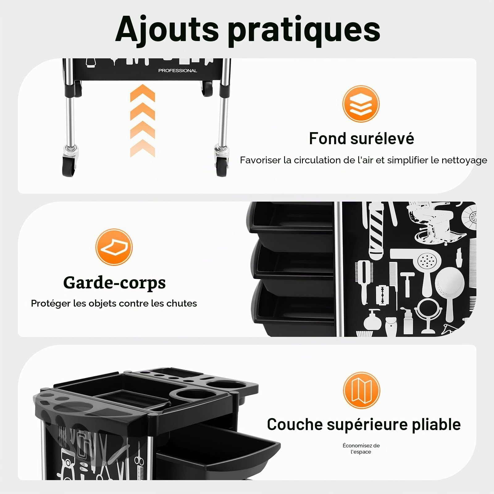 Chariot de Coiffure Professionnel, Chariot de Salon de beauté, Tablette Coiffure a Roulette, avec 5 tiroirs et roulettes, Plateau Extensible