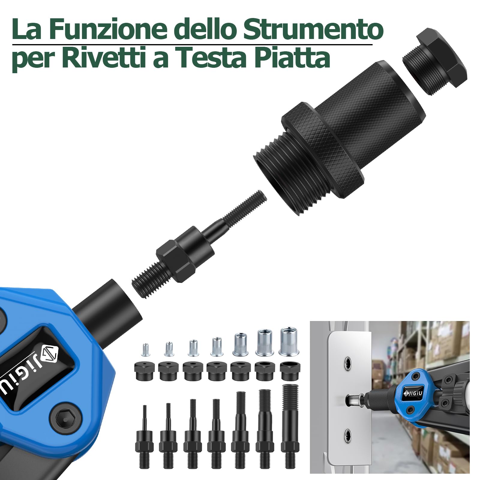JiGiU Rivettatrice Professionale 2 in 1 per Inserti Filettati-7pz Mandrini Metrici 110 Dadi 5 Diverse Misure Doppio Manico di Rivettatrici-50 pz Rivetti per Lavori Edili-Nero Blu