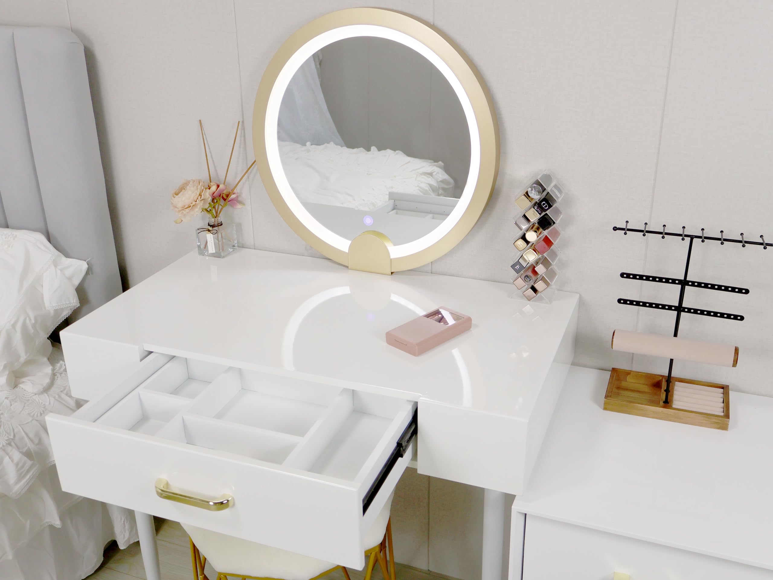 ホワイト ドレッサー・鏡台 幅80cm Amazon｜ドレッサー ホワイト シンプル 鏡台 オシャレ LEDミラー 横