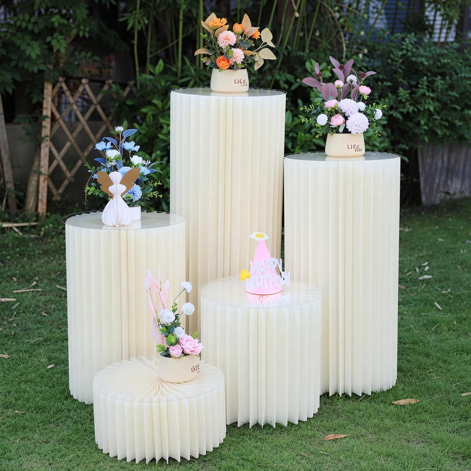 3PCS Hochzeit Karton Blumensäule Vasen mit Weißem Stoffbezug, Faltbarer Blumenständer Dekosäule Weiß Zylinderförmige Blumenständer für Hochzeit Verlobung Geburtstag Tischdekoration