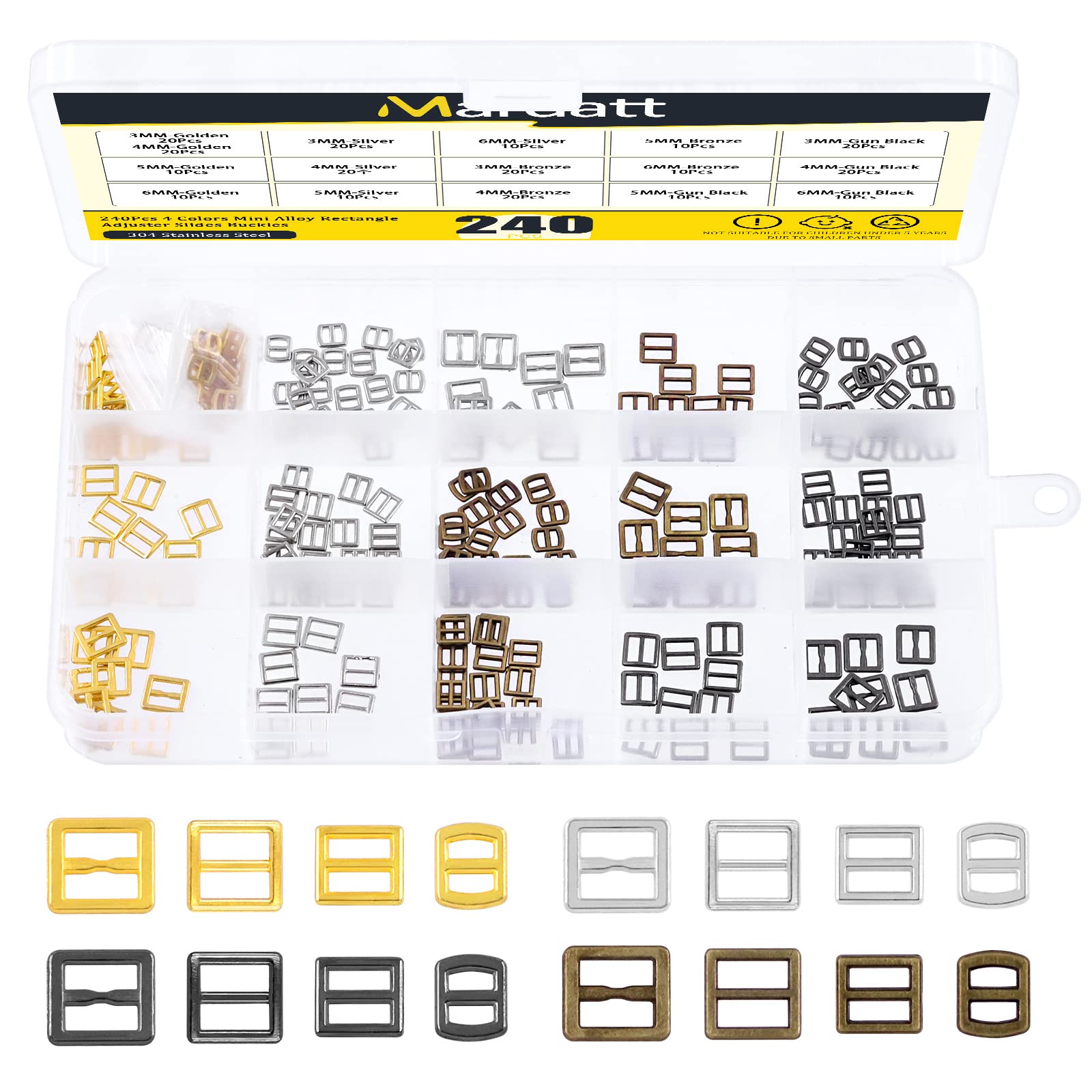Mardatt 240 Pcs 4 Color Alloy Mini Slide Buckle Assortment Set 3mm 4mm 5mm 6mm Tri-Glide Rectangle Adjuster Hardware Clasp Belt Fasteners for Dolls Clothing Backpack Straps Shoes,