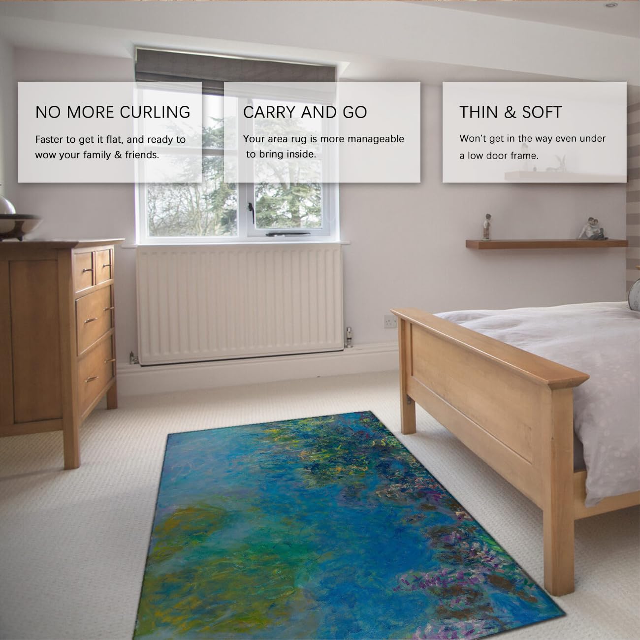 Bereichsteppiche Wohnzimmer Schlafzimmerteppiche Waschbar groß rutschfest Akzent Esszimmer weich Tiefflor Innen Classic Art Wasserrosen für Kinderzimmer Homeoffice Blau 80x150cm