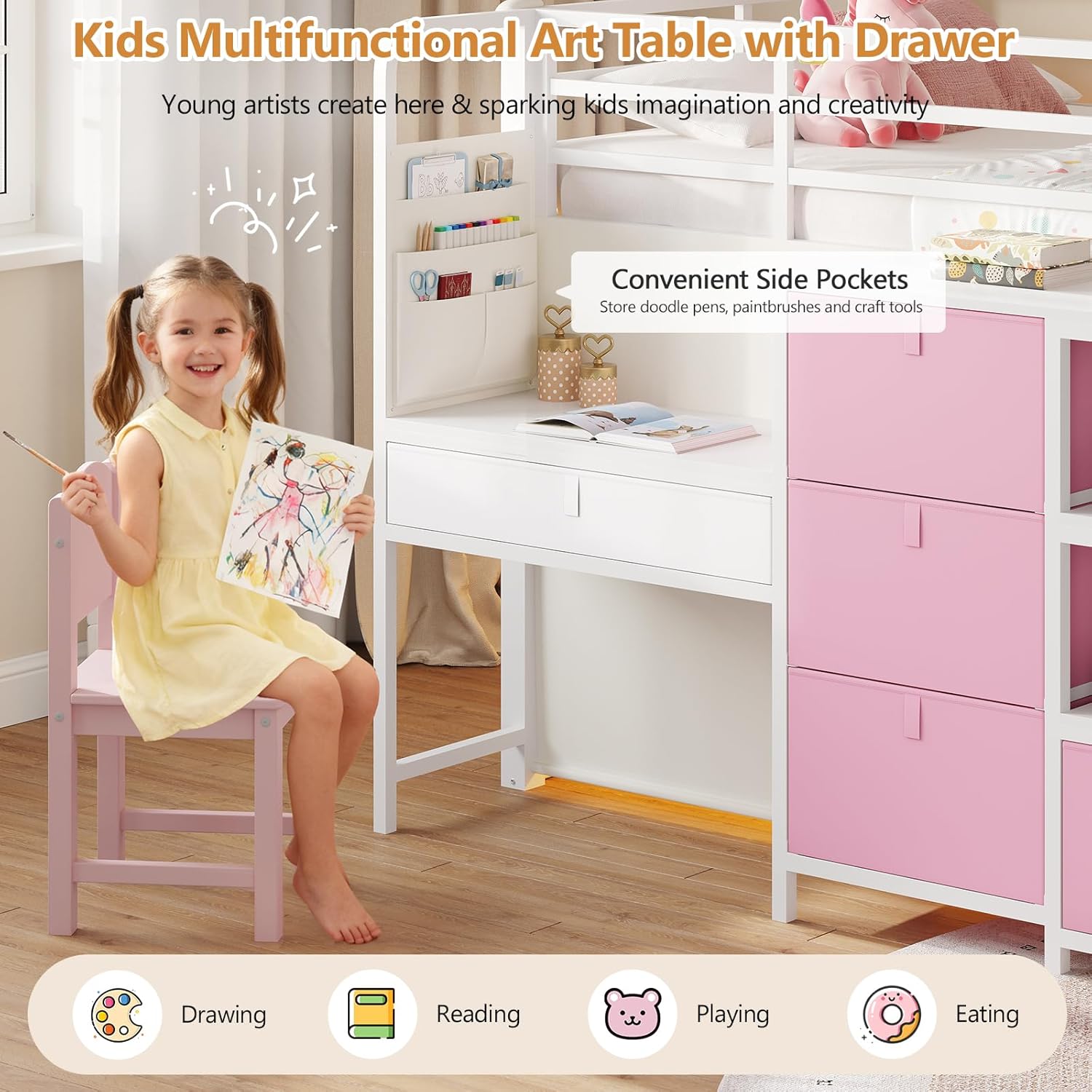 DICTAC Low Loft Bed with Desk and 6 Storage Drawers Twin Loft Bed with Bookshelf,LED Lights & Under-Bed Play Space,Kids Twin Beds with 13.8''H Safety Guardrail,Inclined Ladder&Play Curtain,Pink+White Pink+white Twin