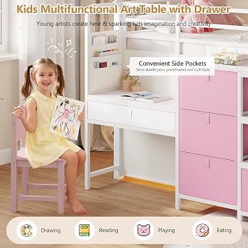 DICTAC Low Loft Bed with Desk and 6 Storage Drawers Twin Loft Bed with Bookshelf,LED Lights & Under-Bed Play Space,Kids Twin Beds with 13.8''H Safety Guardrail,Inclined Ladder&Play Curtain,Pink+White