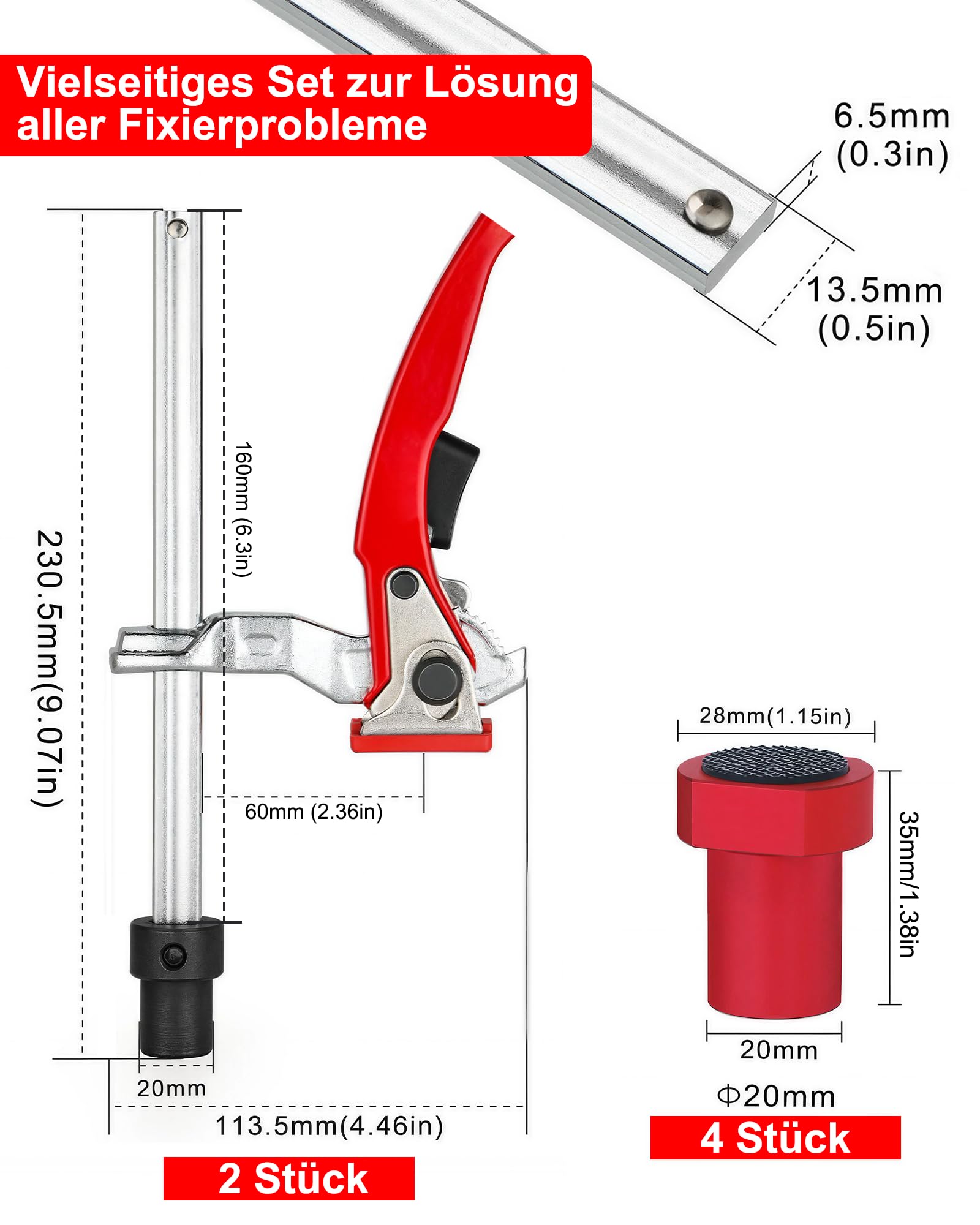 Lot de 6 supports bas : 2 colliers de serrage de 20 mm et 4 crochets d'établi en acier au chrome vanadium, pince à serrage rapide 160 x 60 mm pour le travail du bois, table MFT et établi (rouge
