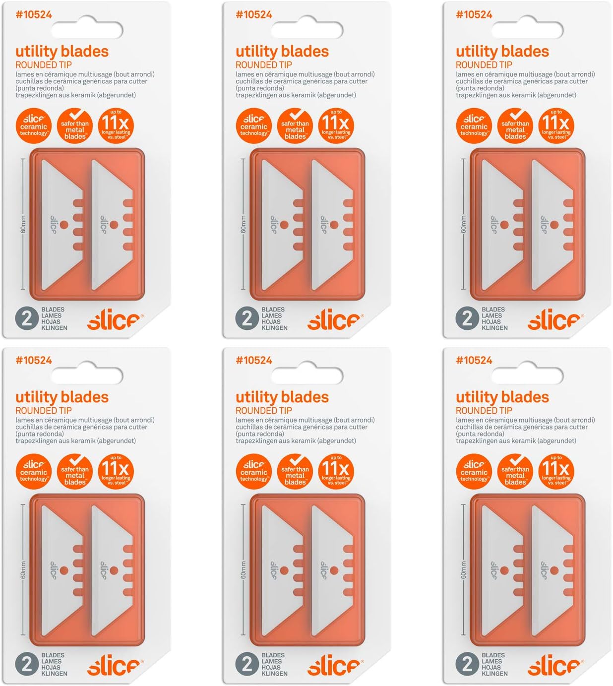 Slice 10524 Ceramic Utility Blades (Rounded-Tip), Finger-Friendly, Safe to Touch, Strong, Durable, Last 11 Times Longer Than Metal, Multiple Tool Compatibility (12 Blades)