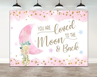 Ticuenicoa 7×5ft Pink Baby Shower Backdrop You are Loved to The Moon and Back Gold Stars Girls Over The Moon Baby Shower Background for Kids Twinkle Twinkle Little Star Party Banner Wall Decorations