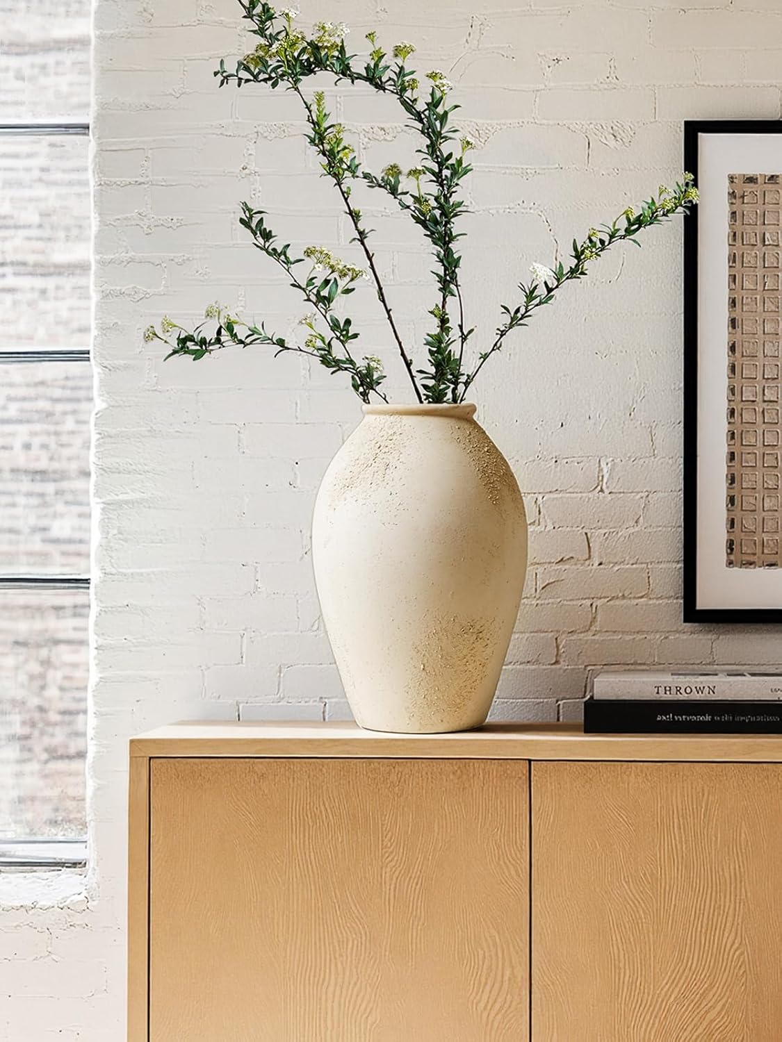 LE TAUCI Ceramic Flower Vase, 13.2 Inch Large Rustic Farmhouse Vase, Tall Floor Vase for Home Decor, Living Room Table & Mantel Centerpiece, Watertight & Sturdy, Matte Sandy Beige White - Image 4