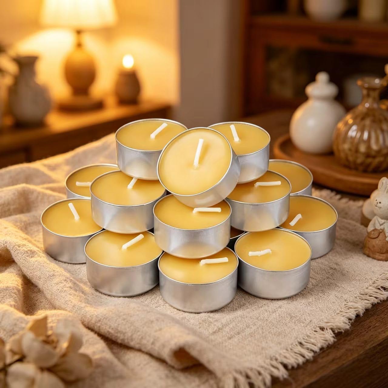 DEYBBY - Velas de té de cera de abeja natural, paquete de 20 velas de cera de abeja hechas a mano en taza de aluminio, ideal para decoración del hogar