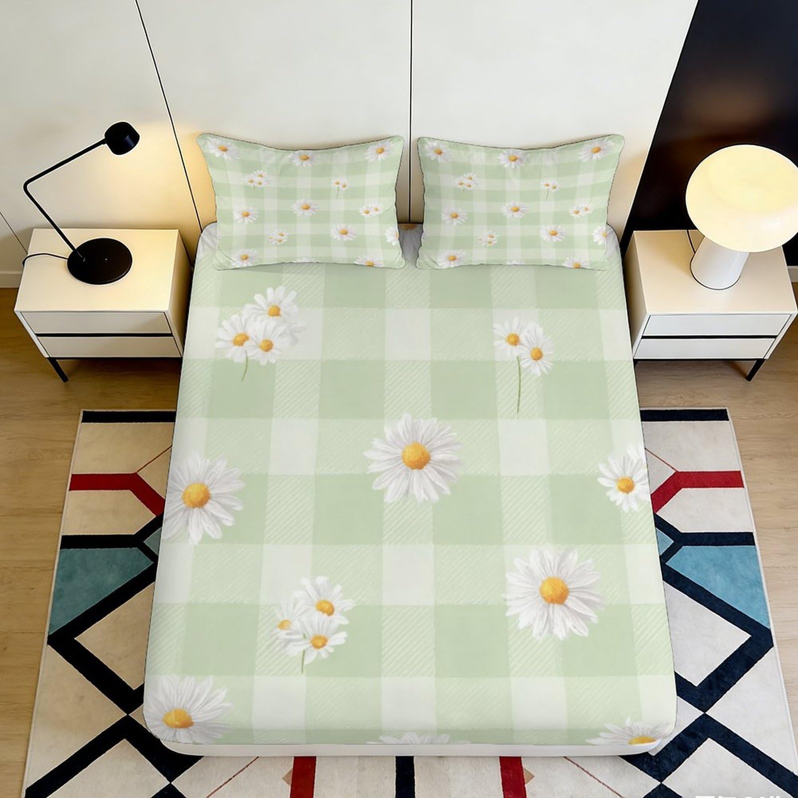 3D Printed Green Plaid Daisy Fitted Sheet Microfiber Soft Breathable Floral Bed Cover for Bedroom Dormitory Guest Room Mattress Protection 180x200x25cm