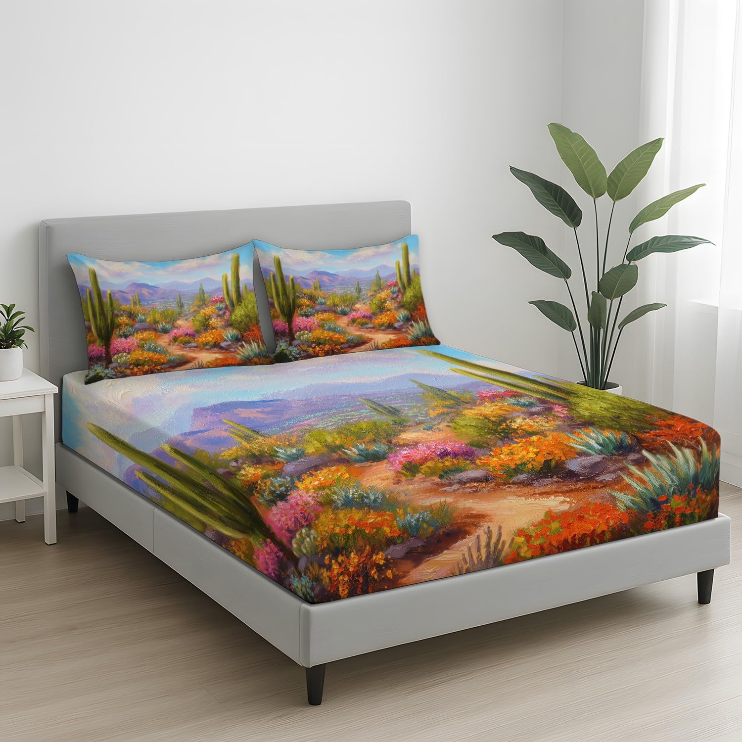 Botanisch Wüste Spannbetttuch Kaktus Floral Berge Spannbettlaken 140 x 200 x 30 cm 3teilig Mikrofaser Bettwäsche Set mit 2 Kissenbezüge 80 x 80 cm Kein Flachbettlaken