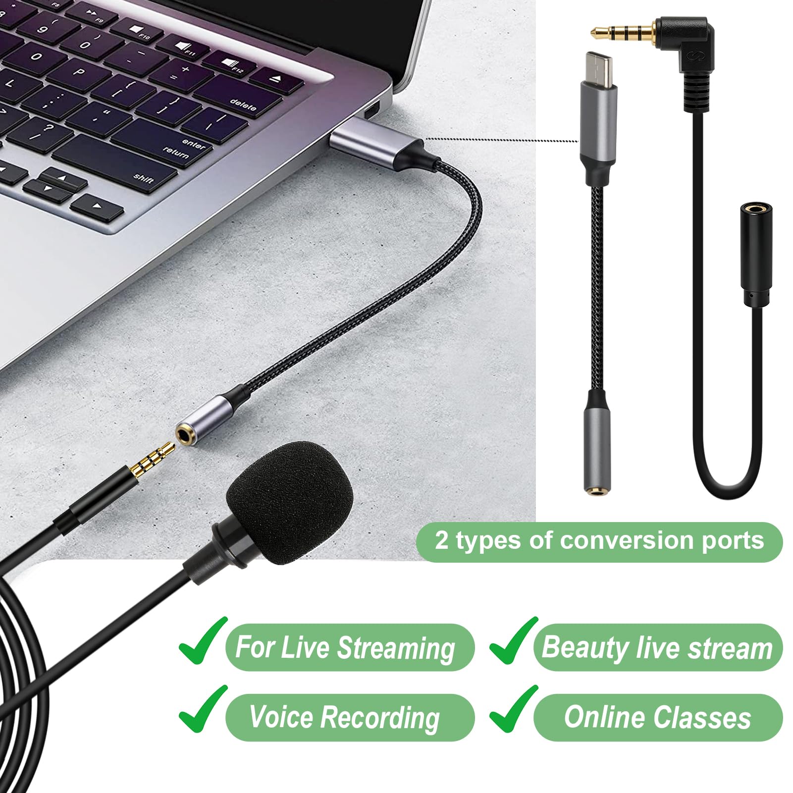 Micrófono de Solapa Omnidireccional lavalier Micrófono con 2M Cable Parabrisas Type-C Adaptadores, 3.5mm Audio Cables para Grabación Entrevista Videoconferencia Podcast Dicción de Voz Phone