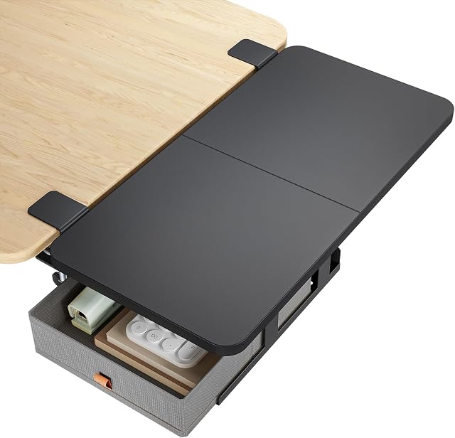 PEGZONE Plateau d'extension de bureau 24" x 12" Étagère de bureau, Extension de bureau avec tiroir de rangement, Bureau de table, Étagère à clavier pour bureau et maison, Organisateur de poste de travail, Moyen, Noir, Extension du bureau, Étanche de bureau sur étagère de Bureau, Clamp sur Keybo