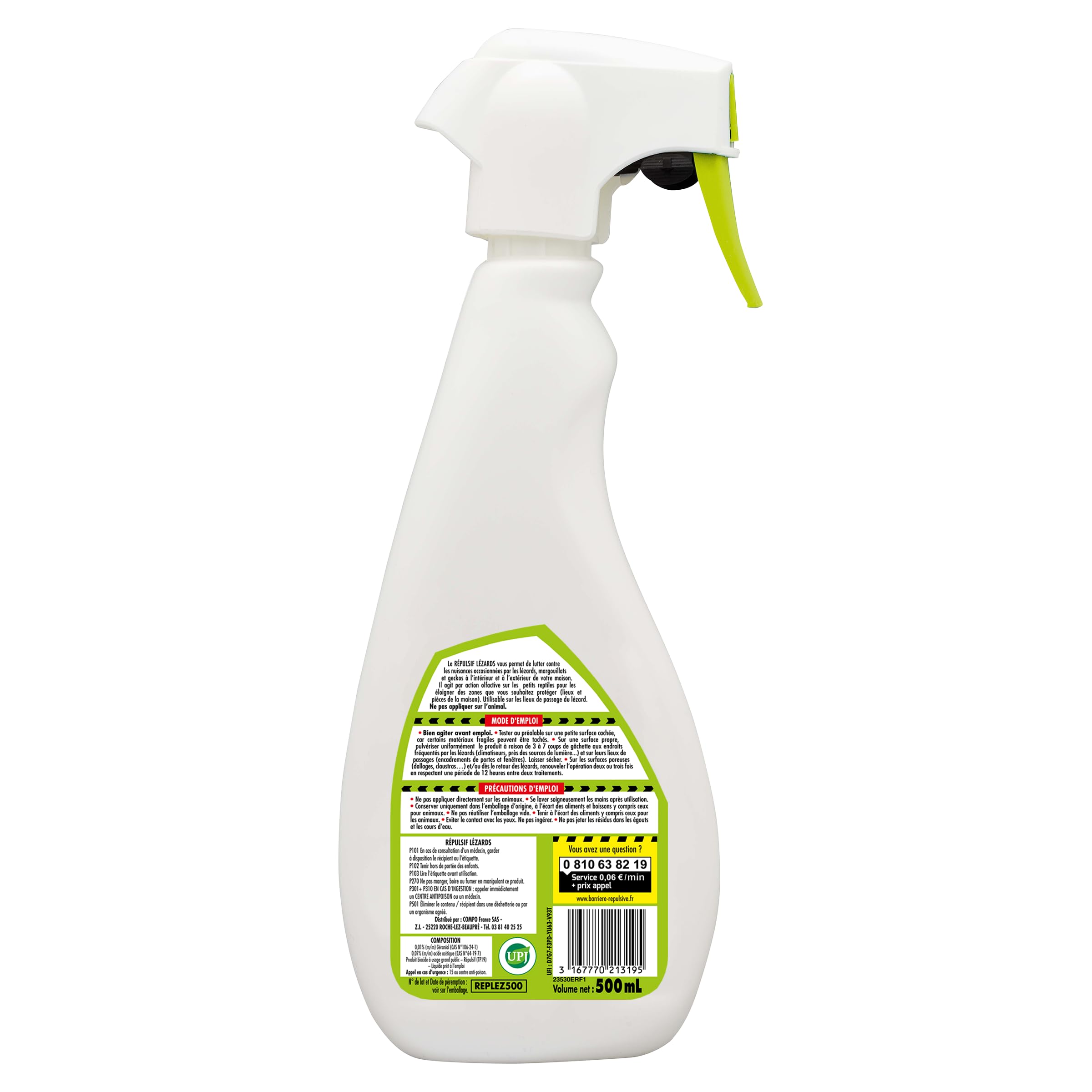 Répulsif Lézards, Prêt à l'emploi, 500 ml, REPLEZ500, Blanc