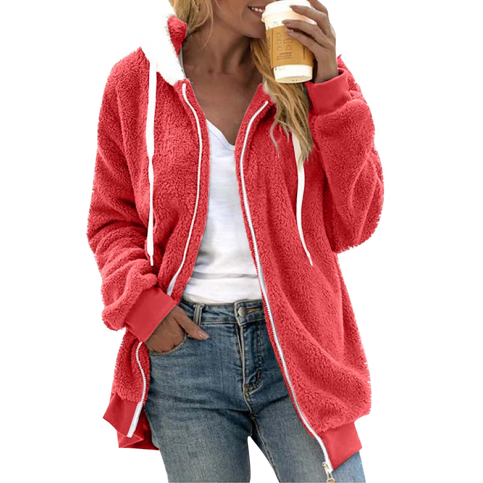Generisch Fleecejacke Damen Mit Kapuze Winterjacke Damen Warm Teddyjacke
