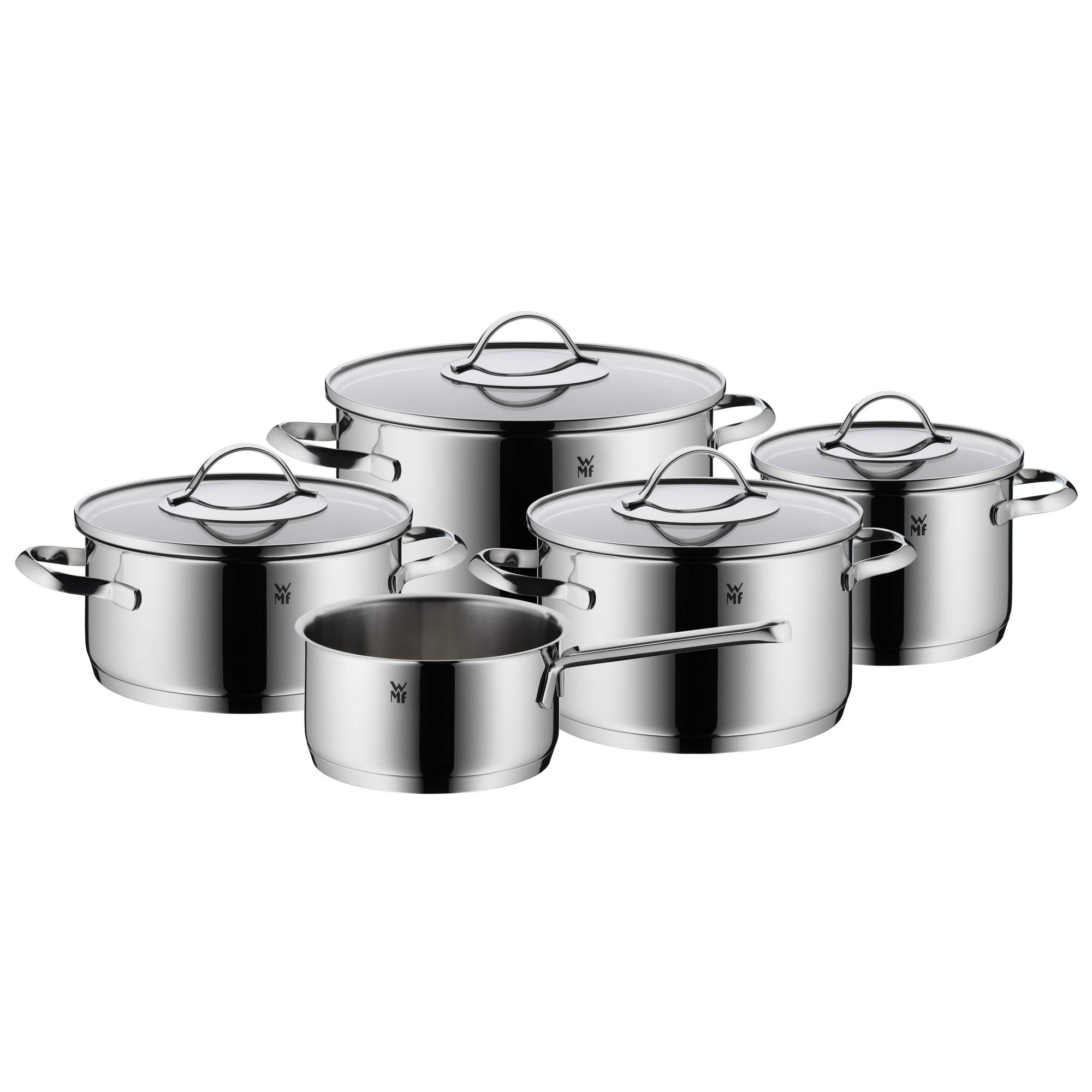 WMF Aparto Topfset Induktion 5-teilig mit Glasdeckel, Cromargan Edelstahl poliert, Induktions Töpfe Set unbeschichtet, für alle Herdarten geeignet, ohne Skalierung, spülmaschinengeeignet