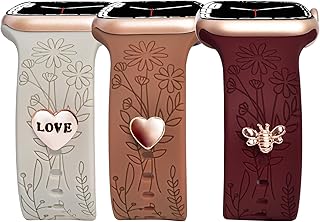 ORATYFAN Floral Engraved Bands with Charms Compatible with Apple Watch Bands 38mm 40mm 41mm, Soft Sport Silicone Wristbands Women Flower Replacement Strap for iWatch Bands Series SE 8 7 6 5 4 3 2 1