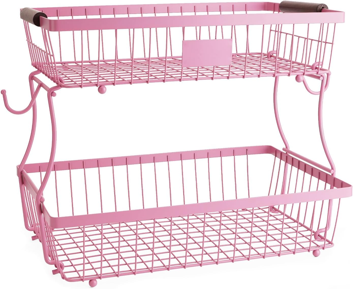 2-Tier Stackable Wire Basket with 2 Banana Hooks, Pantry Organizer for Kitchen Countertops, Cabinets & Under-Sink Spaces; Ideal for Storing Snacks, Fruits, Veggies, Onions, Potatoes, & More，Pink