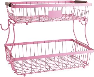2-Tier Stackable Wire Basket with 2 Banana Hooks, Pantry Organizer for Kitchen Countertops, Cabinets & Under-Sink Spaces; Ideal for Storing Snacks, Fruits, Veggies, Onions, Potatoes, & More,Pink