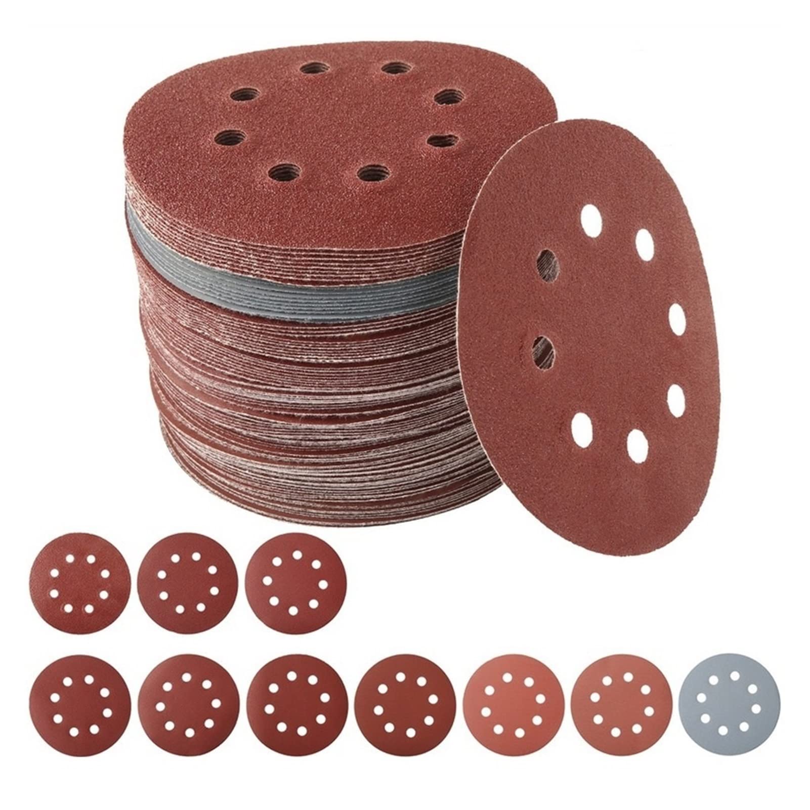 Papel de lija abrasivo ZSBLXHHJD 100 piezas Sander Pulido Papel de lija Rueda Redonda Gancho y anillo Papel de lija Polidaje Papel de lija Hoja de 8 orificios (Color : Brown)
