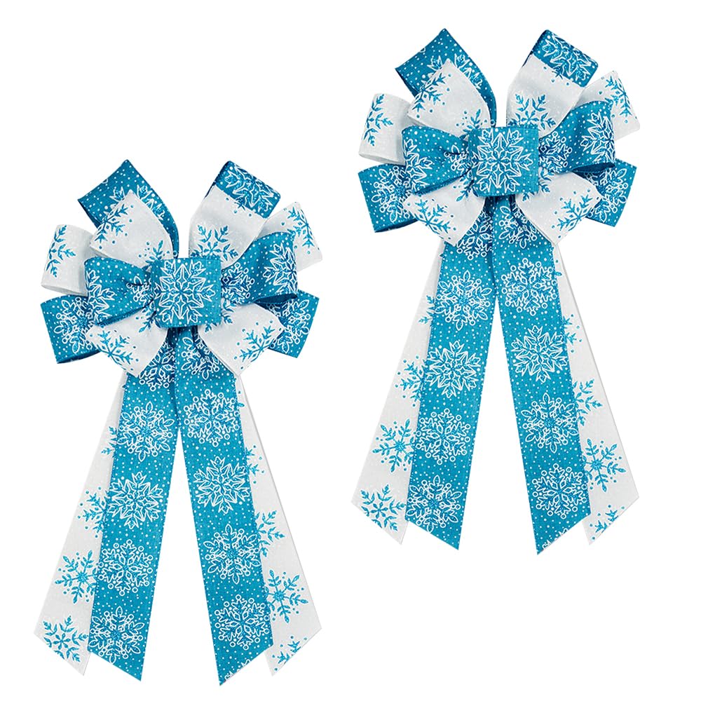ALIBBON 2 Pcs Large Merry Christmas Bows for Wreaths, Christmas Wreath Bows, Glitter Snowflake Bows, White Blue Bows for Front Door, Christmas Decor Tree Topper, Craft Bows for Indoor Outdoor Decor