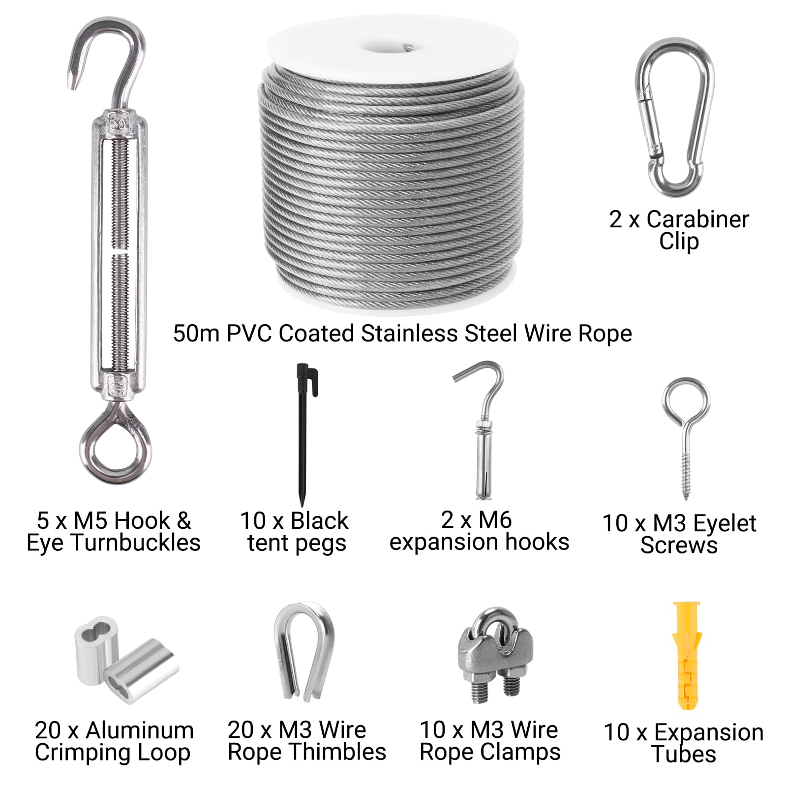 50M Drahtseil Edelstahl Set, 3mm Stahlseil mit M5 Ösen Seilspanngarnitur, Seilspanner Spannschloss Spanndraht PVC-ummantelt für Kletterpflanzen, Zäune, String Light Suspension, Wäscheleine