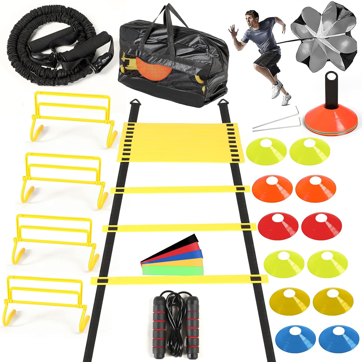 Agility Ladder Speed Training Equipment Include 20ft Agility Ladder, Parachute, 12 Pcs Random Color Discs, 4 Pcs Adjustable Hurdles, Jump Rope, 5 Pcs Resistance Bands, Black 50lb Tension Rope, Gym Bag