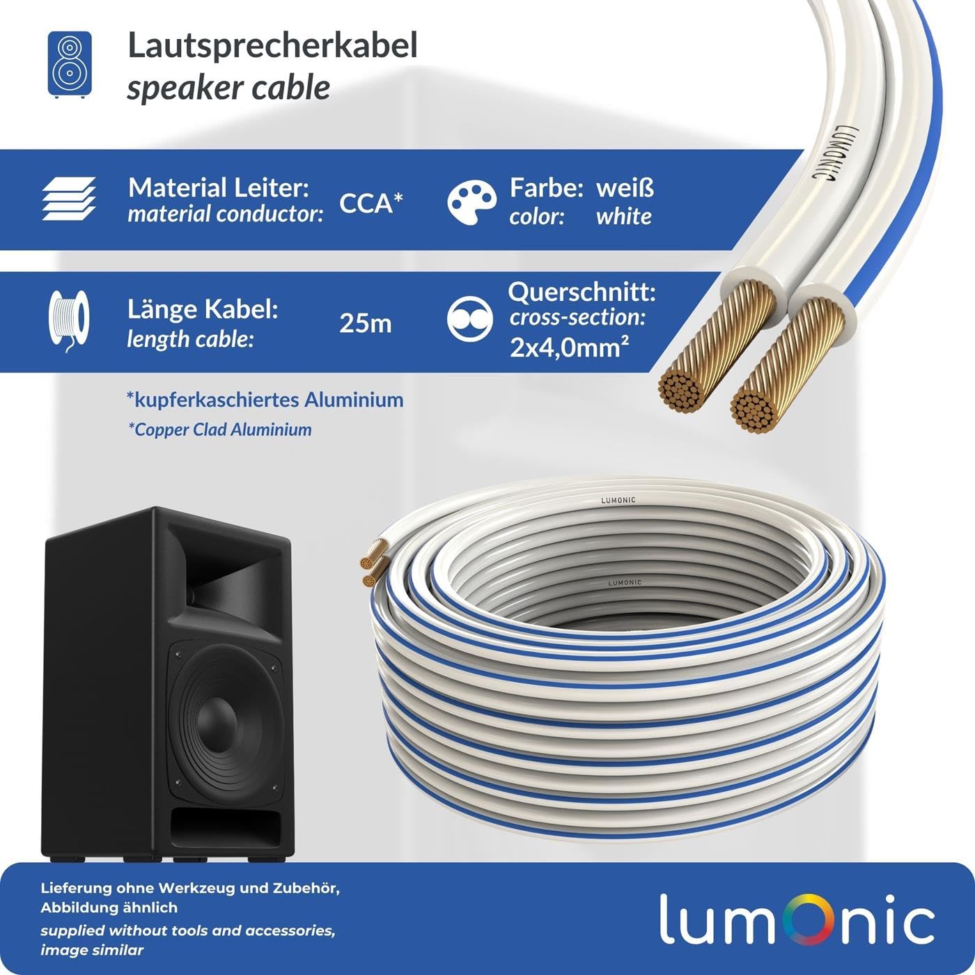 Lumonic Câbles de haut-parleurs | 25m Blanc | 2x 4mm² CCA | marque bleue Câble pour enceintes hi-fi | Ligne audio jumelée