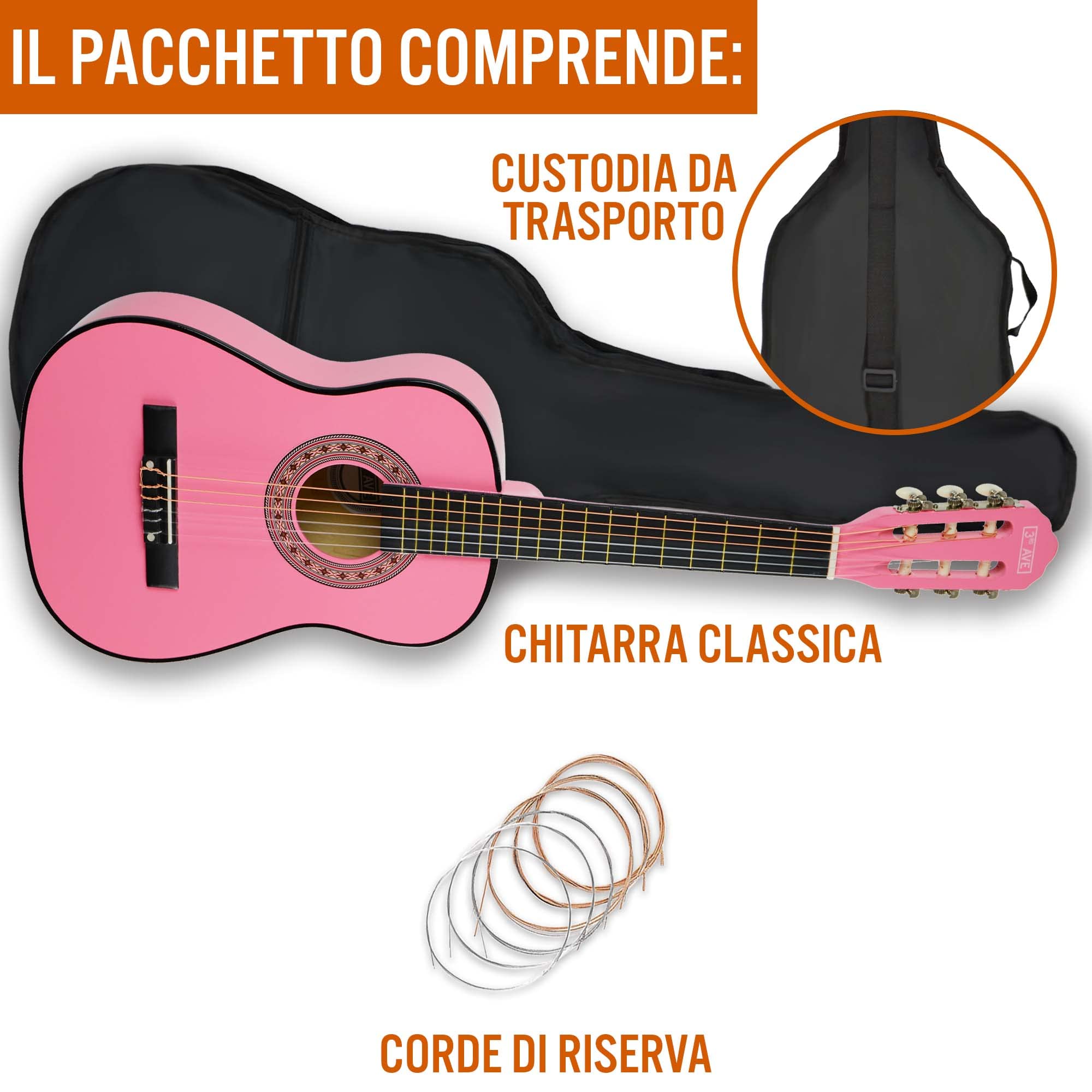 3rd Avenue Pacchetto Per Principianti Con Corde In Nylon Spagnole Per Chitarra Classica Da 1/2 Misura Per Bambini – 6 Mesi Di Lezioni Gratuite, Borsa, Corde – Rosa