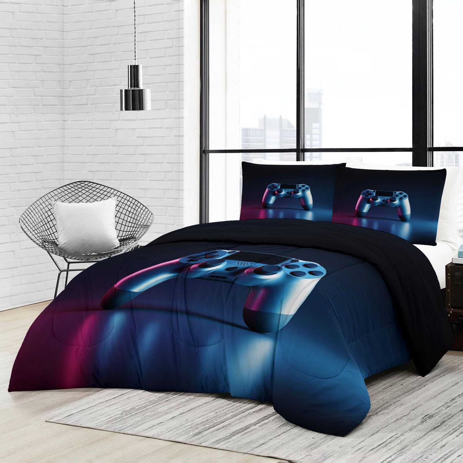 Genérico Kołdra z mikrofibry 240 x 260 cm Metalowy kontroler gier 3D Nordic Wypełniony 4 pory roku z 2 poszewkami na poduszki - Ultra miękka kołdra dla chłopców dziewcząt, niebieska