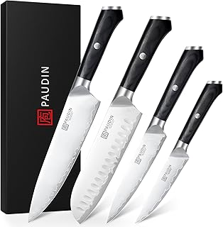 PAUDIN Messerset 4 teilig Küchenmesser Set Kochmesser Santokumesser Allzweckmesser Gemüsemesser profi scharf aus hochwertigem Edelstahl 10Cr15CoMoV(Härte von 62 HRC) mit ergonomischem Holzgriff