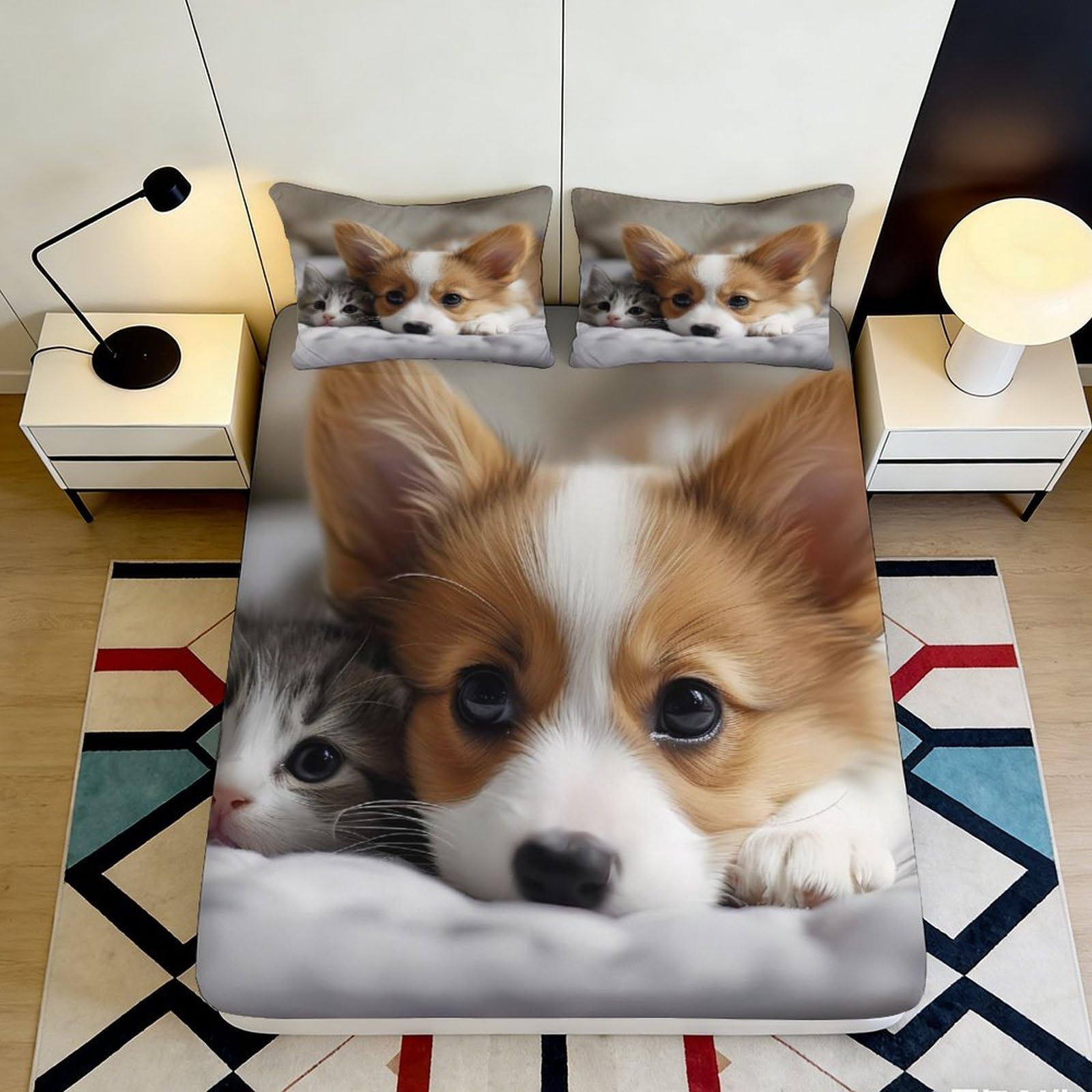 3D Printed Puppy Kitten Fitted Sheet Microfiber Soft Breathable Animal Bed Cover for Bedroom Guest Room Decor 90x200x25cm