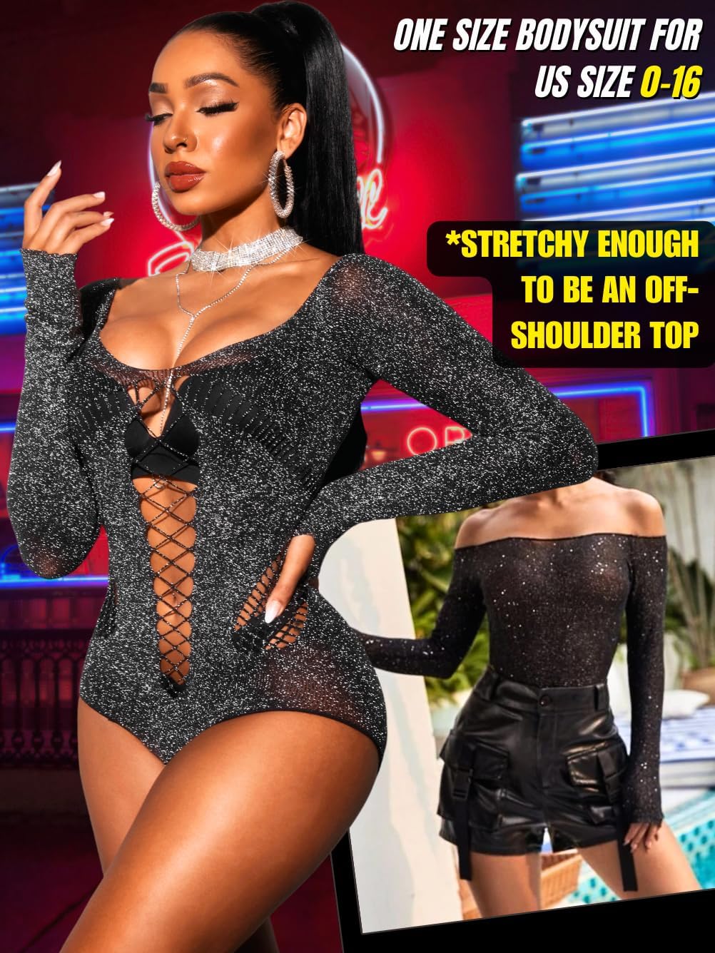 Sparkly Bodysuit Tops For Women, Fits 0-16 Sexy Fishnet, Glitter Sequin Rave Concert, Long Sleeves Sheer Mesh - Image 4