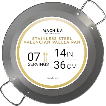 Machika Stainless Steel Pan | Stainless Steel Cookware | Induction Frying Pan for Paella and Rice Recipes | Ideal for Home Cooks, Restaurants & Catering | 7 Servings | 14 inches |
