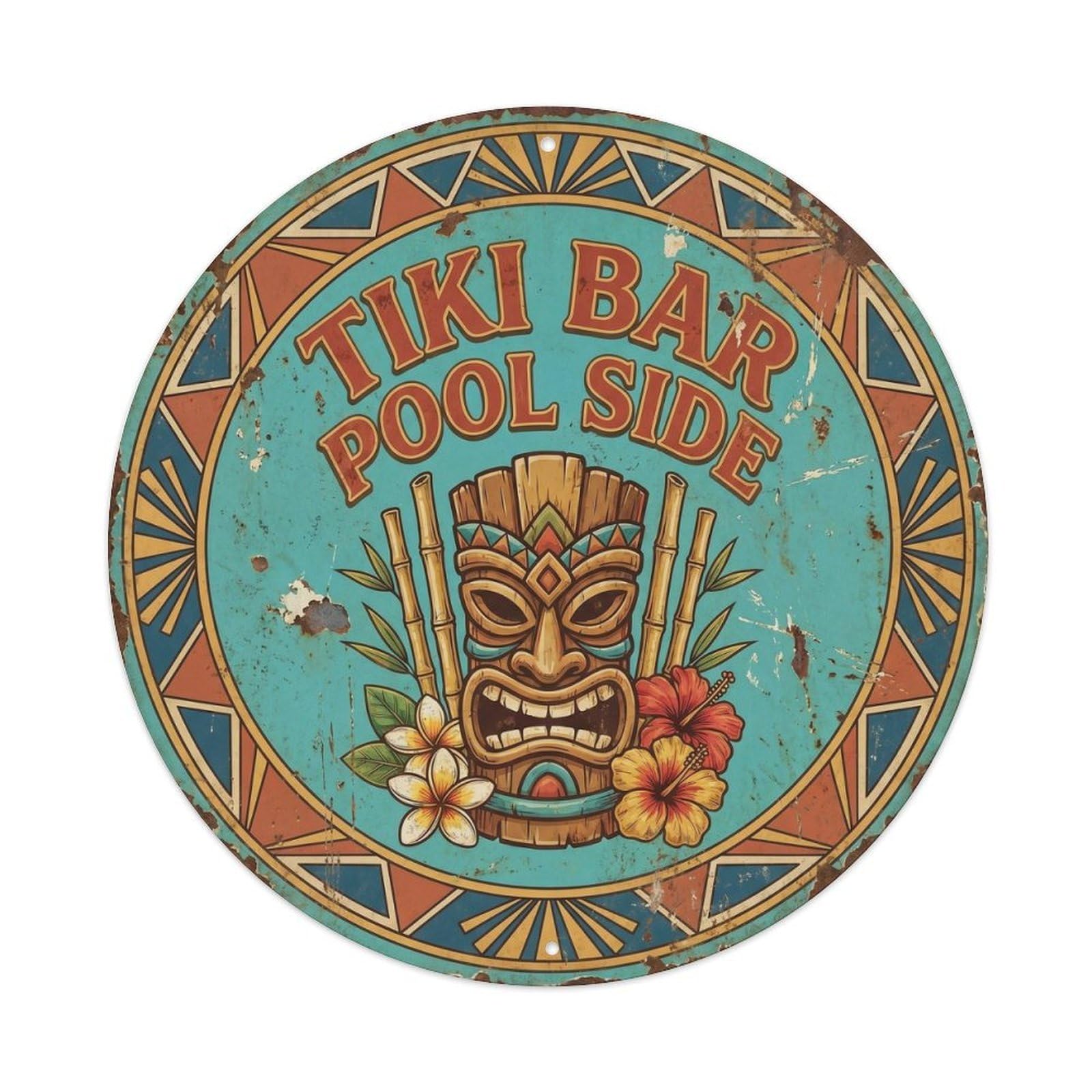 Tiki Bar Poolside Drink Lounge Retro Summer Resort Slogan Metal Tin Sign Plaque Wall Decor for Cafe, Man Cave, Club Bar, Office, Home Garden Round Metal Poster 8x8Inch