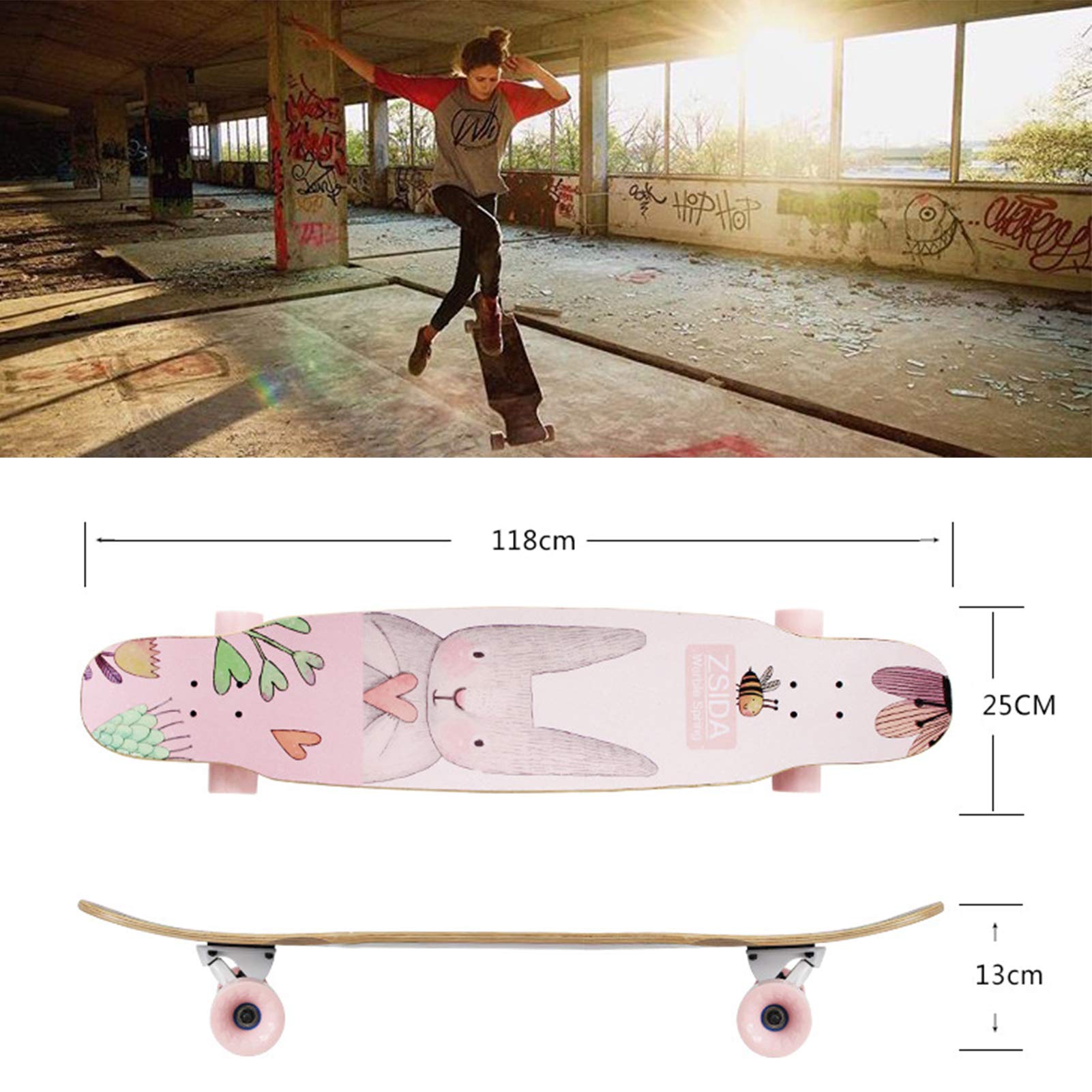 46,5" Longboard Skateboard Complet 7 Couches Bois d'érable Double Kick Concave Deck Débutant Dance Board pour Garçons Filles Adultes Cruiser Professionnel pour Croisière Carving