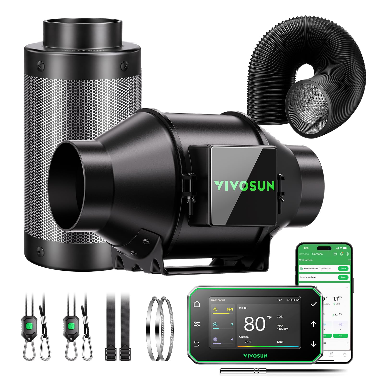 VIVOSUN G4 Smart Filtration Kit, Inline Fan, Controller, Carbon Filter,Duct