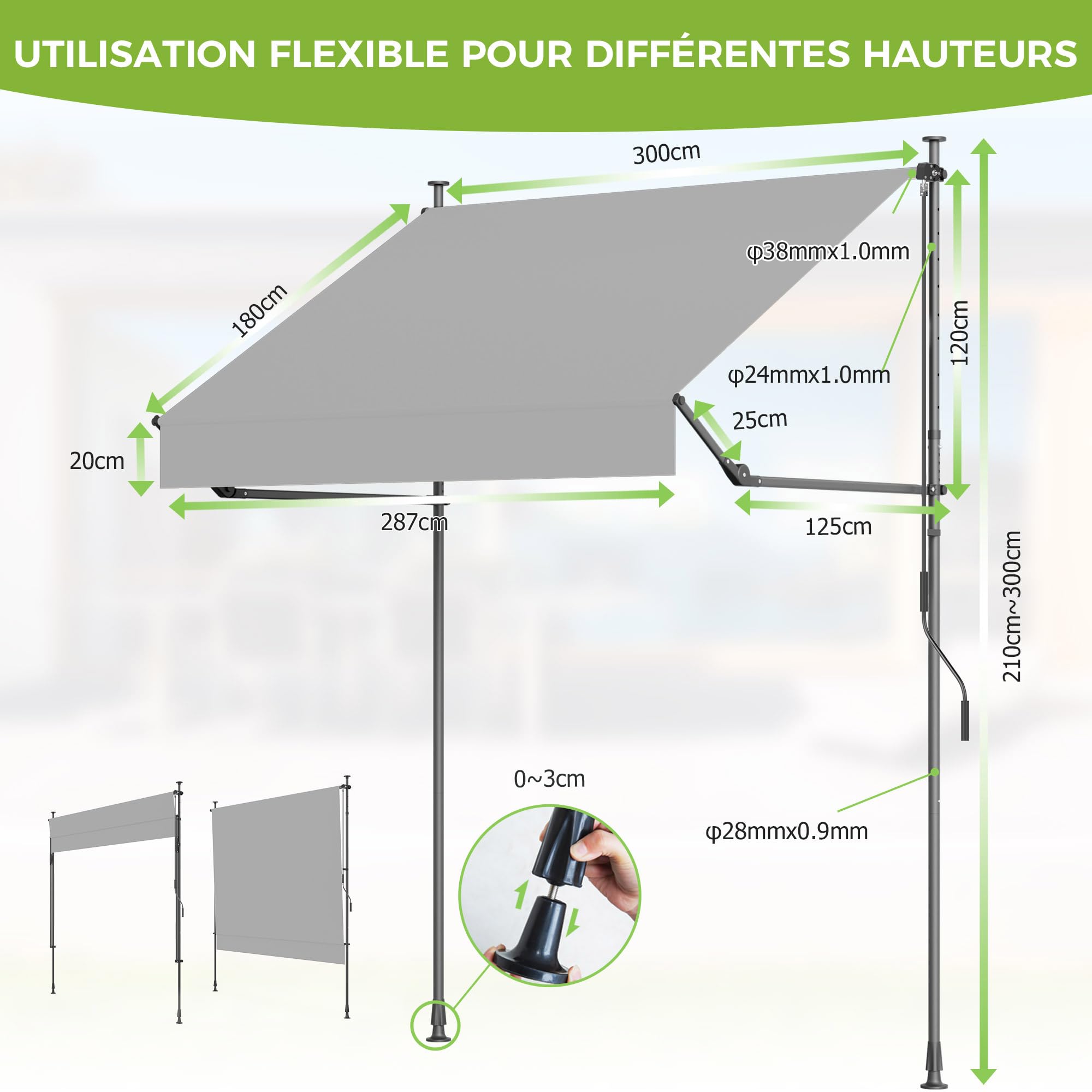 BelleMax Store Balcon sans percage,Store Banne Pliant 2-in-1,Protection UV et imperméable, réglable en Hauteur, Gris 300 cm x (125 + 25 cm)