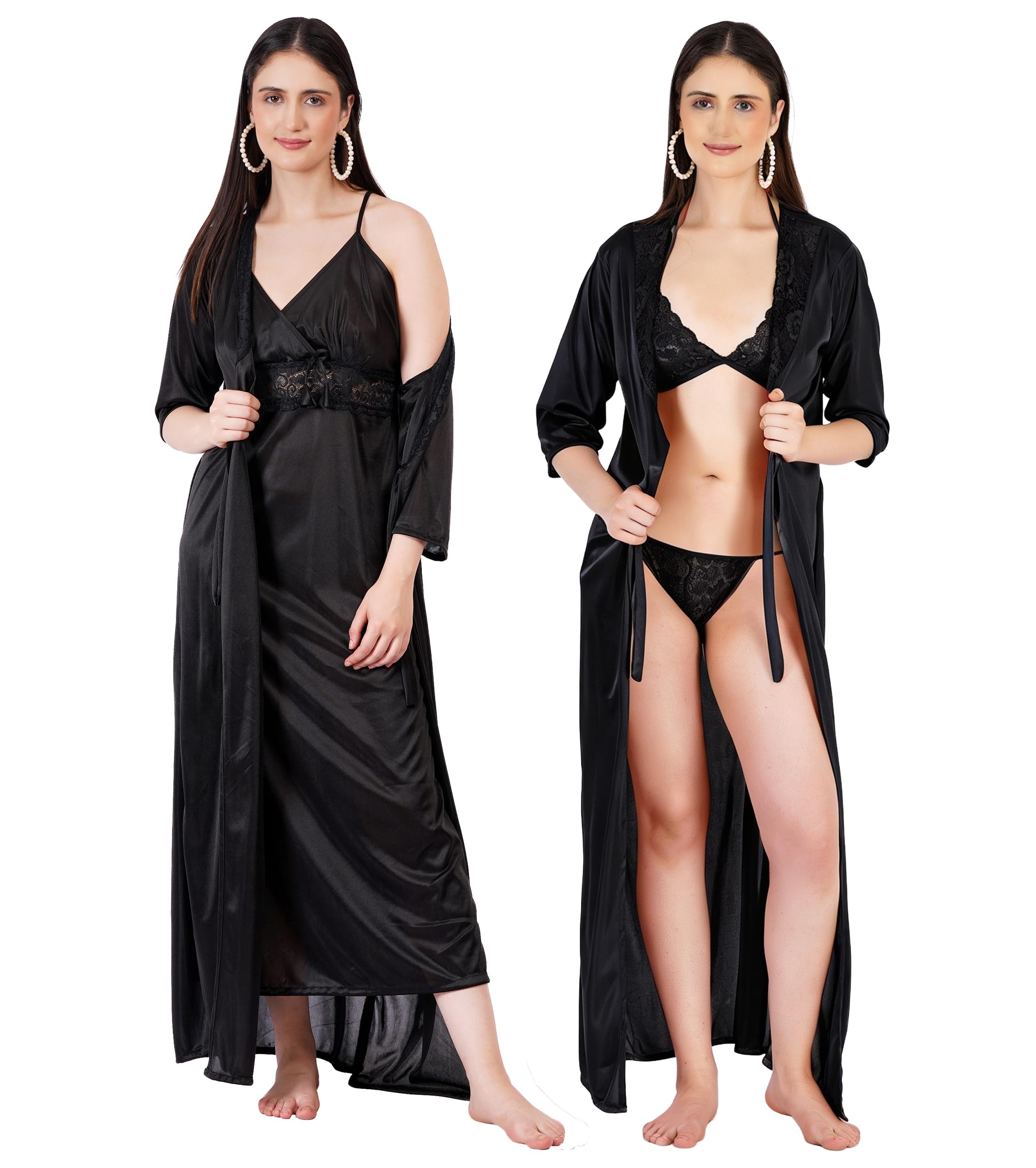 Women's 4 Piece Nightwear Set, Satin Nighty, Lace Bra Panty & Robe Set-image-45