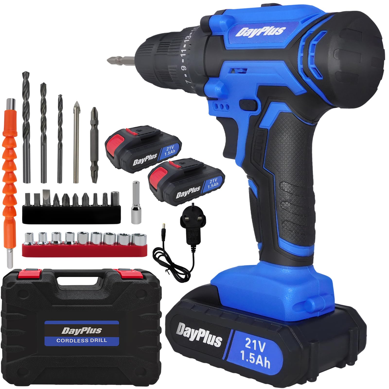 Electric Screwdriver 21V Cordless Drill Driver, 2 Speed 45N.m Max Electric Drill with 2pcs 1.5Ah Batteries, Quick Charger, 25+1 Torque,3/8" Chuck,LED Light, Cordless Screwdriver with 26pcs Drill Bits