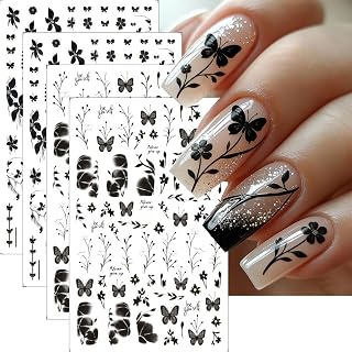 Floral Nail Art Stickers Black Flowers Butterfly Leaves Nail Stickers Self-Adhesive 4Pcs Nail Decals Nail Art Supplies Flowers Butterfly Design for Women Nail Decor Spring Summer Holiday