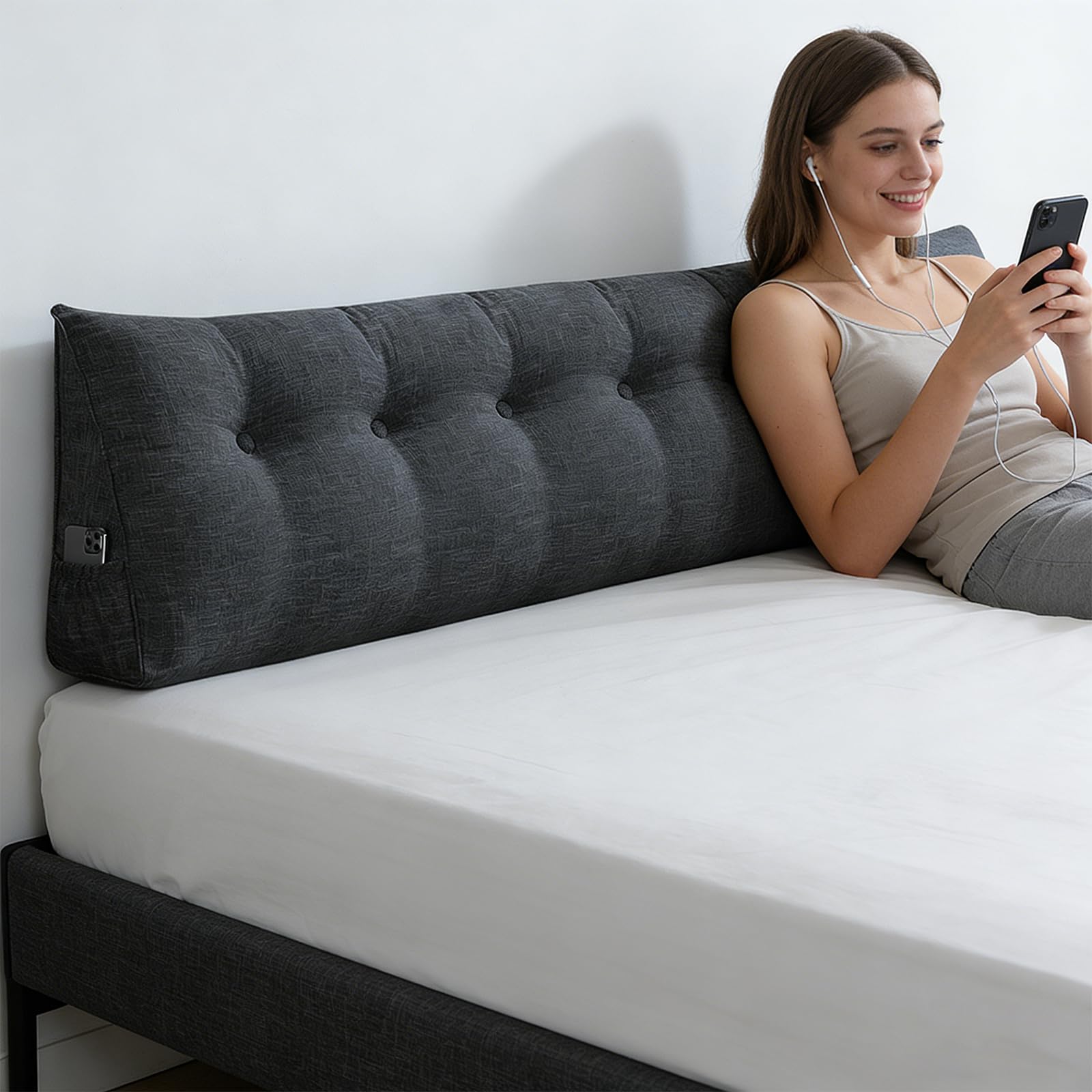 Rückenkissen 200 cm Breit - Lesekissen für Bett und Sofa Keilkissen Rückenpolster Kissen mit Waschbarem Bezug und Praktischem Seitenfach (Dunkelgrau 200 cm)